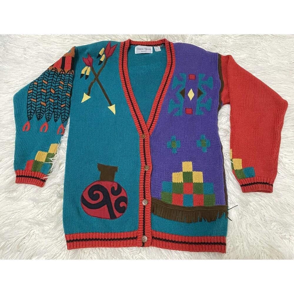 Vintage Southwestern Native American theme Cardigan Sweater Sharon Young Medium